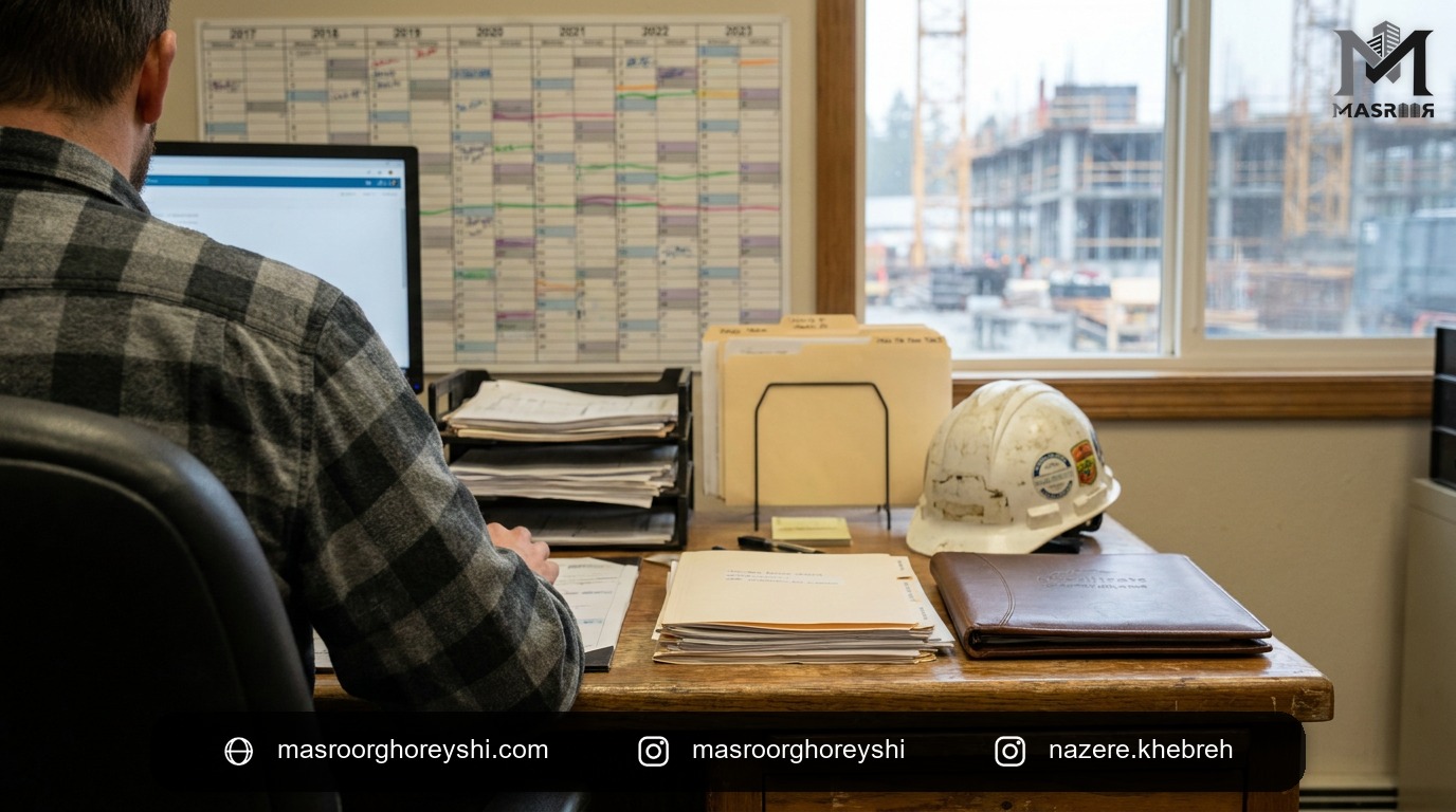 مهندس ناظر در دفتر کار در حال ثبت مدارک سابقه کار برای ارتقا پایه