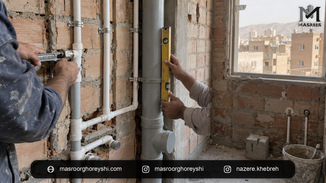 اجرای لولهکشی آب و کنترل شاقولی رایزر فاضلاب ساختمان در مرحله سفتکاری