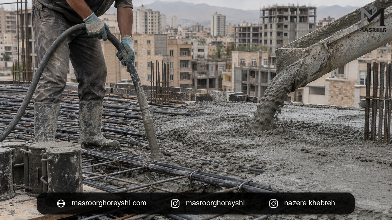 بتنریزی سقف پیشتنیده روی کابلها و آرماتور در کارگاه