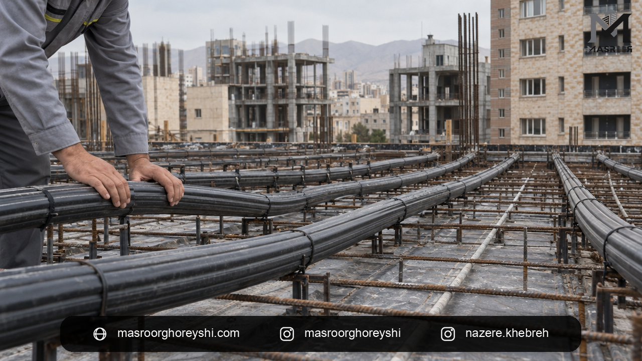 نصب کابلهای سقف پیشتنیده روی اسپیسر پیش از بتنریزی